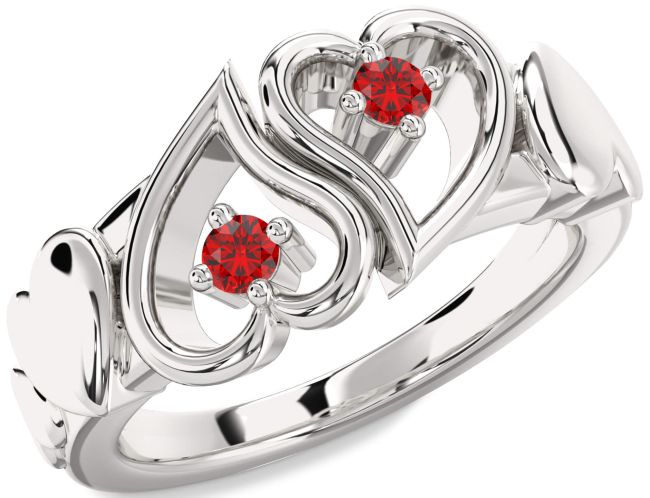 Ruby Silver Heart Two Stone Birthstone Ring