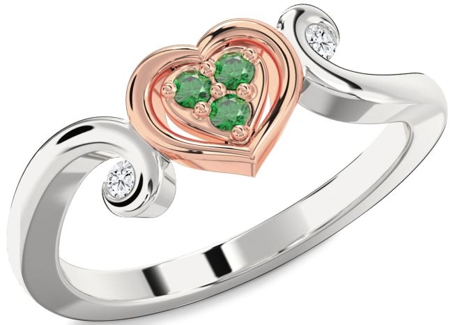 Diamond Emerald Platinum & Rose Gold Heart Ring
