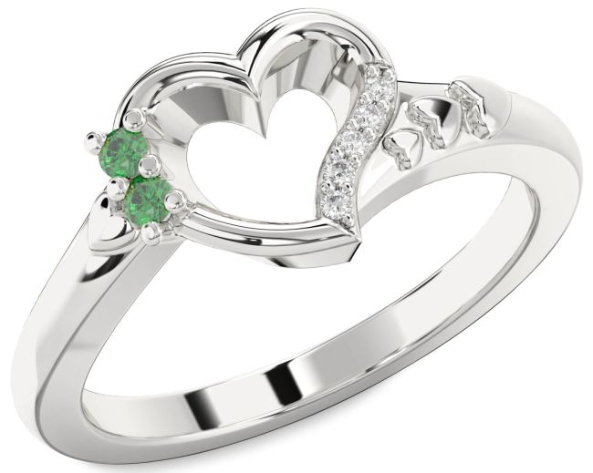 Diamond Emerald Silver Heart Two Stone Birthstone Ring