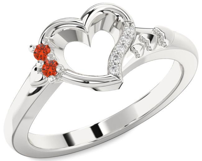 Diamond Fire Opal Silver Heart Two Stone Ring