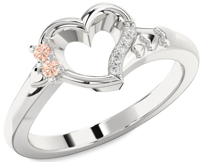 Diamond Morganite Silver Heart Two Stone Ring