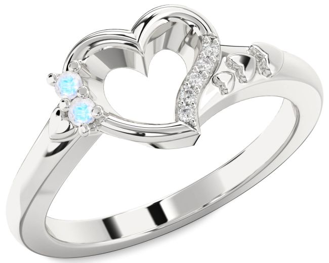 Diamond Moonstone Silver Heart Two Stone Ring