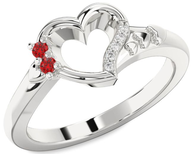 Diamond Ruby Silver Heart Two Stone Birthstone Ring