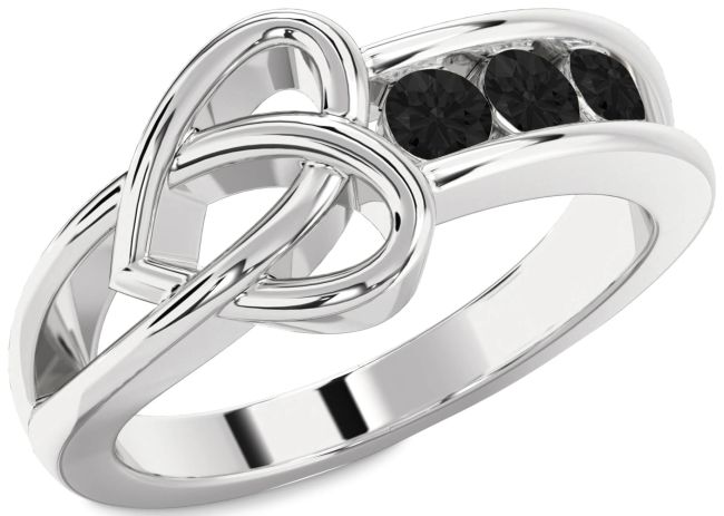 Black Diamond Silver Heart Three Stone Ring