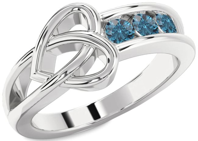 Blue Diamond Silver Heart Three Stone Ring