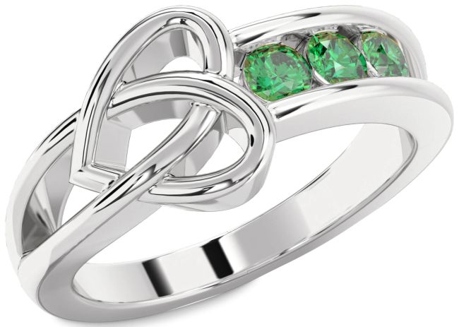 Emerald Silver Heart Three Stone Birthstone Ring