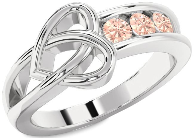 Morganite Silver Heart Three Stone Ring