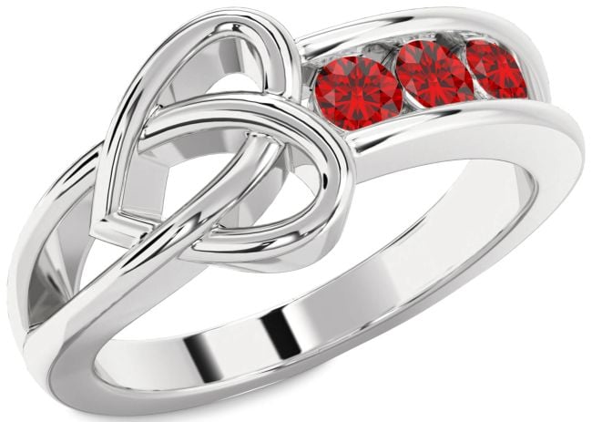 Ruby Silver Heart Three Stone Birthstone Ring