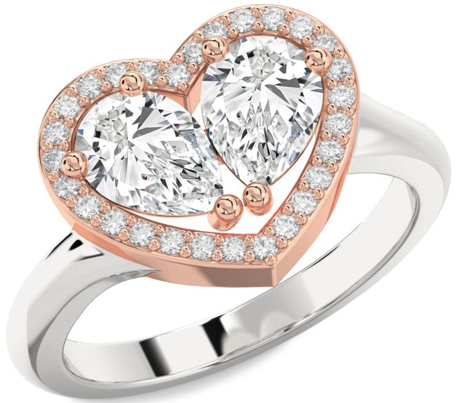 Diamond Platinum & Rose Gold Heart Two Stone Ring