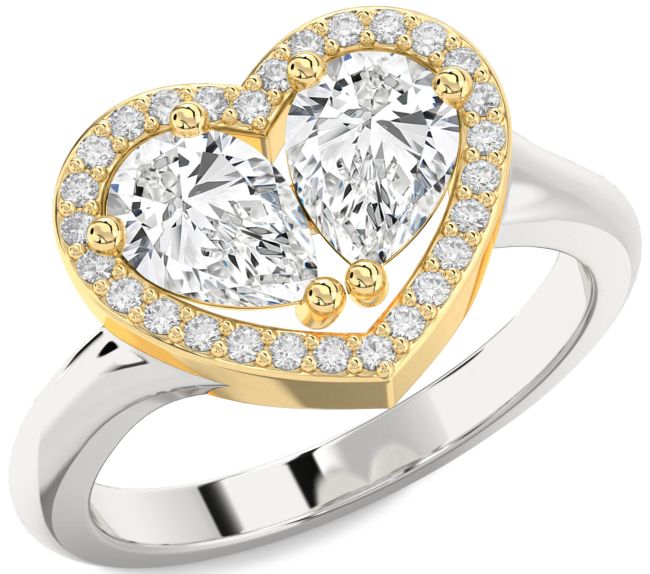 Diamond Silver & 10K gold Heart Two Stone Ring