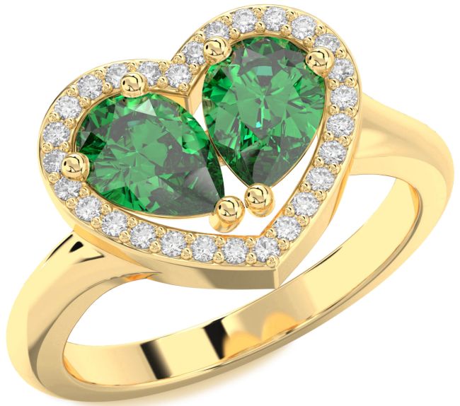 Diamond Emerald Gold Heart Two Stone Birthstone Ring