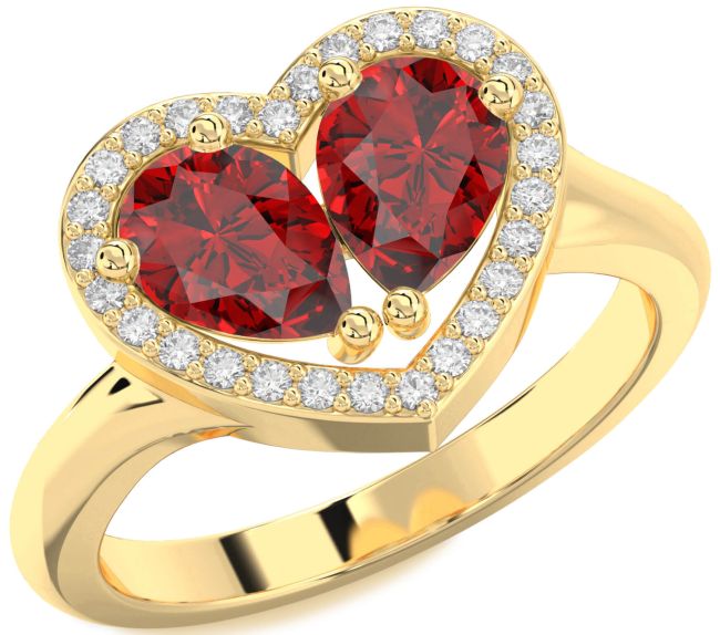 Diamond Ruby Gold Heart Two Stone Birthstone Ring