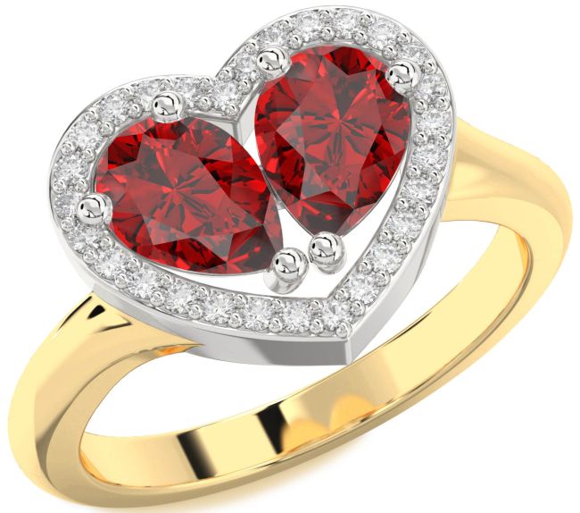 Diamond Ruby Gold Silver Heart Two Stone Birthstone Ring