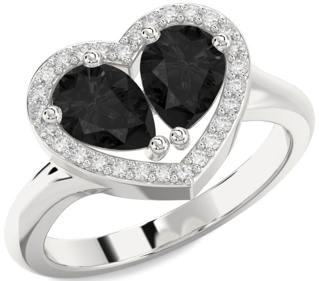 Black Diamond Platinum Heart Two Stone Ring