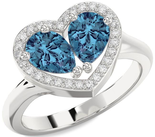 Blue Diamond Platinum Heart Two Stone Ring