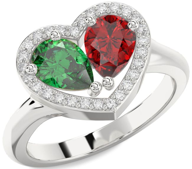 Diamond Silver Heart Two Stone Promise Ring