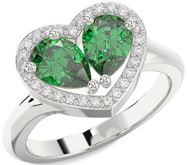 Diamond Emerald Silver Heart Two Stone Birthstone Ring