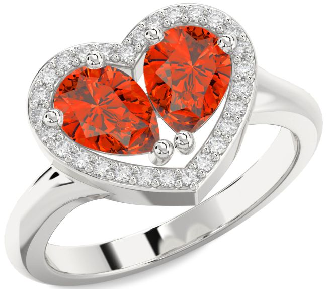Diamond Fire Opal Platinum Heart Two Stone Ring