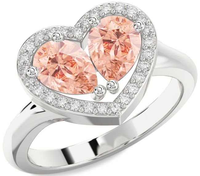 Diamond Morganite Silver Heart Two Stone Ring