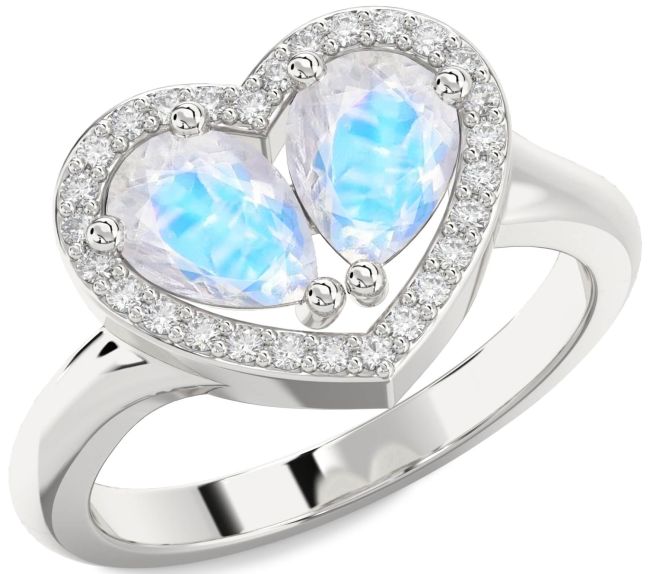 Diamond Moonstone Silver Heart Two Stone Ring