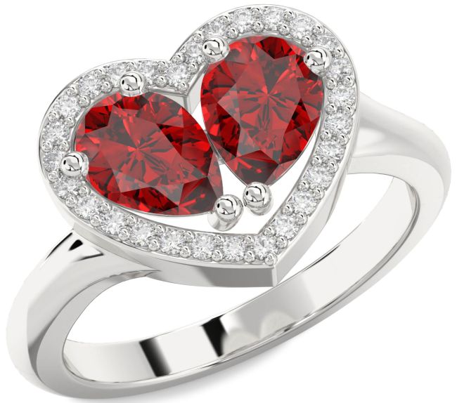 Diamond Ruby Silver Heart Two Stone Birthstone Ring