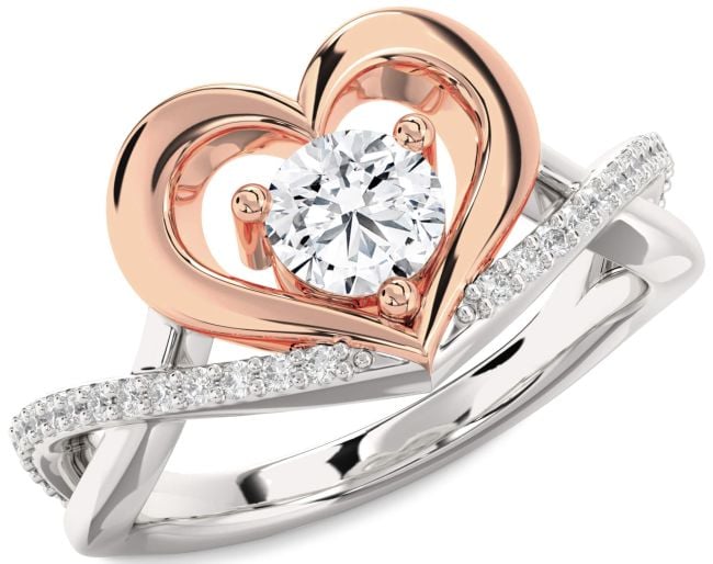Diamond Rose Gold Silver Heart Solitaire Engagement Ring