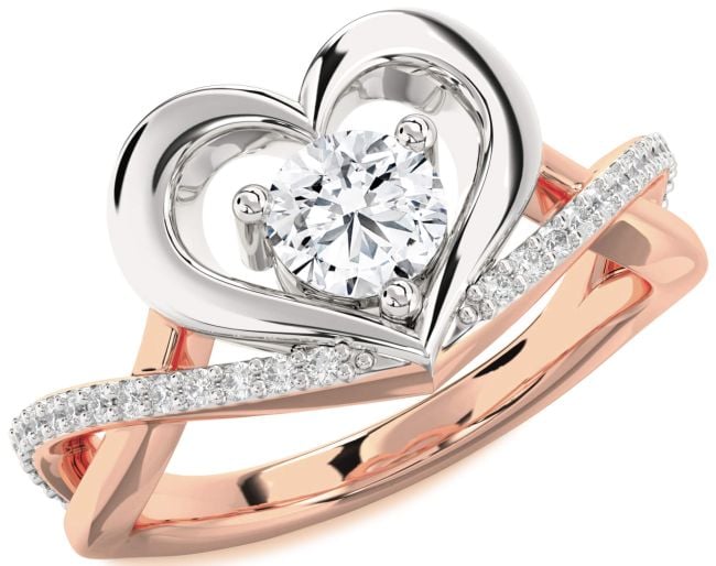 Diamond Rose Gold Silver Heart Solitaire Engagement Ring