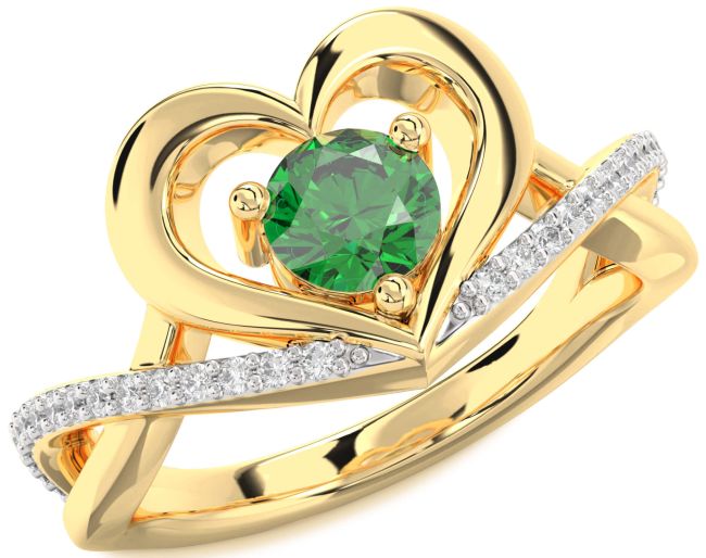 Diamond Emerald Gold Heart Solitaire Engagement Ring