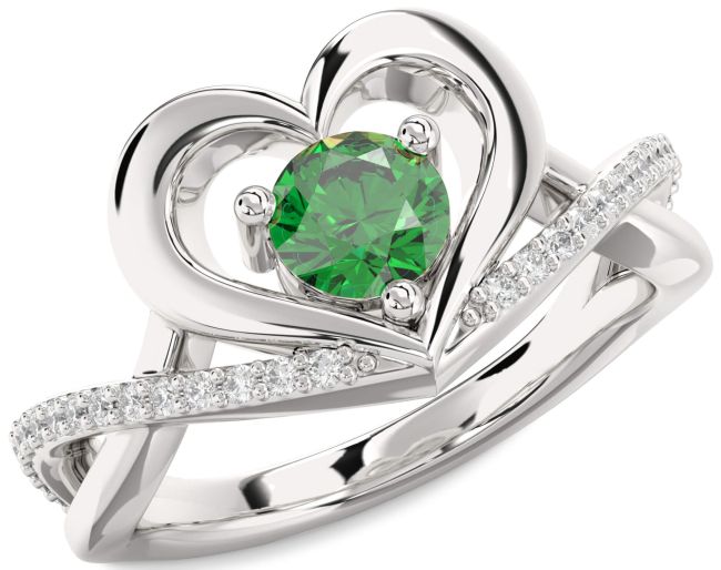 Diamond Emerald Silver Heart Solitaire Engagement Ring