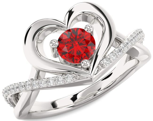 Diamond Ruby Silver Heart Solitaire Engagement Ring