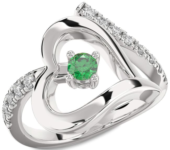 Diamond Emerald Silver Heart Promise Ring