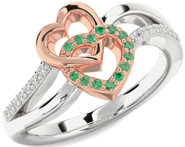 Diamond Emerald Platinum & Rose Gold Heart Ring