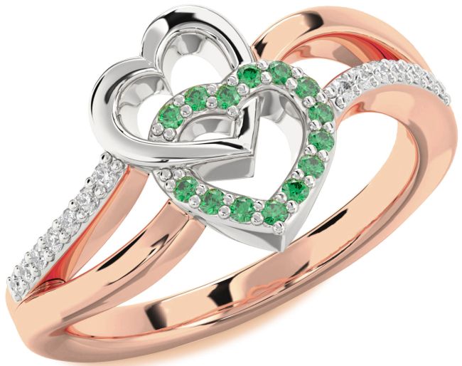 Diamond Emerald Rose Gold Silver Heart Ring