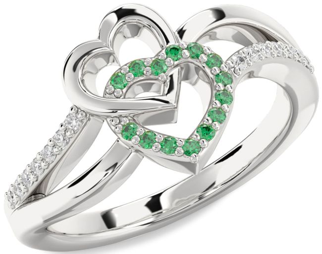 Diamond Emerald Silver Heart Ring