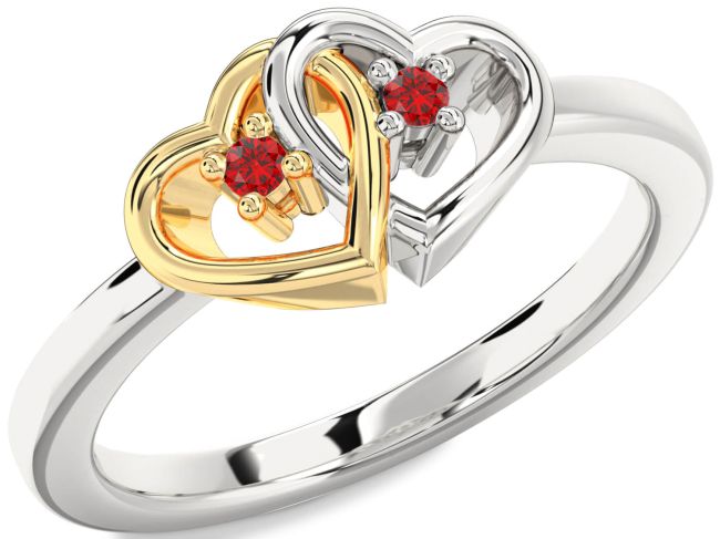 Ruby Gold Silver Heart Two Stone Birthstone Ring