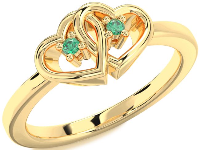 Emerald Gold Silver Heart Two Stone Birthstone Ring
