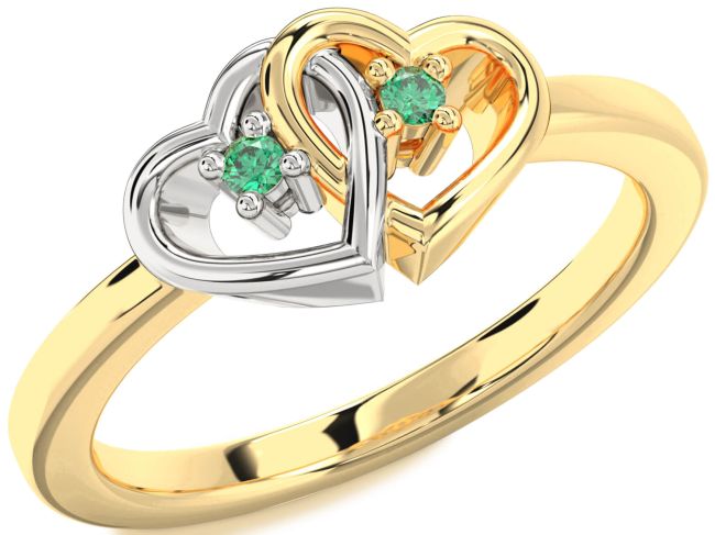 Emerald Gold Silver Heart Two Stone Birthstone Ring