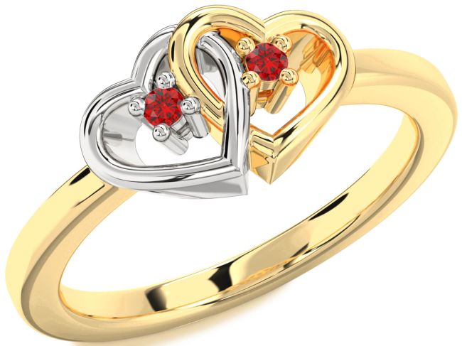 Ruby Gold Silver Heart Two Stone Birthstone Ring