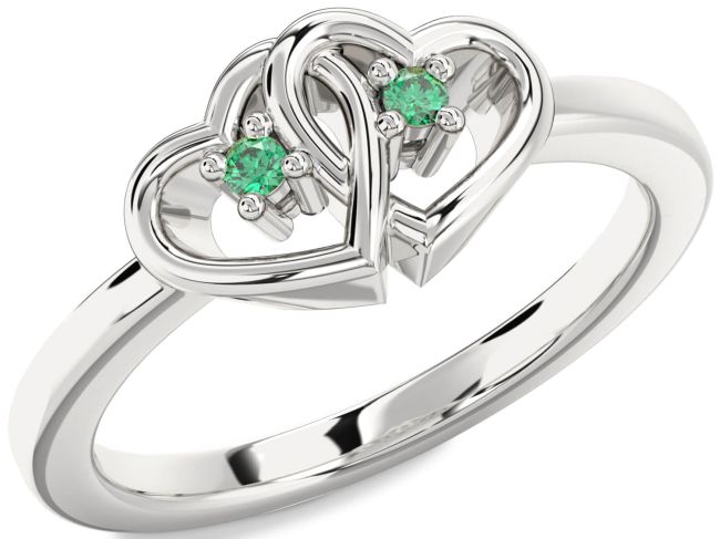 Emerald Silver Heart Two Stone Birthstone Ring