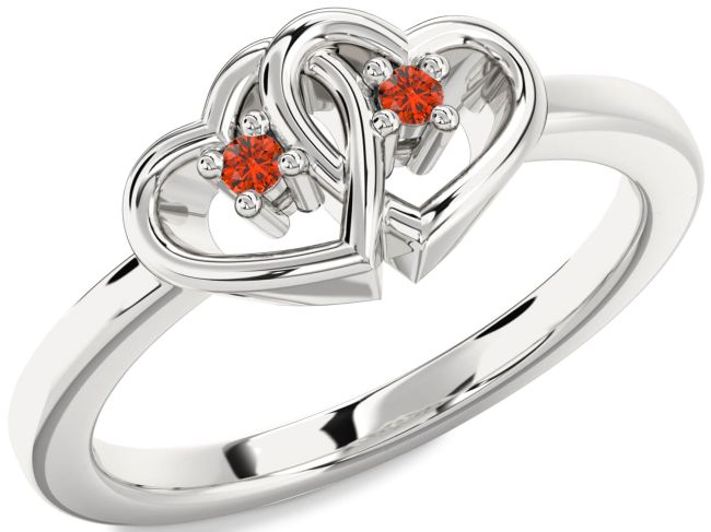 Fire Opal Platinum Heart Two Stone Ring