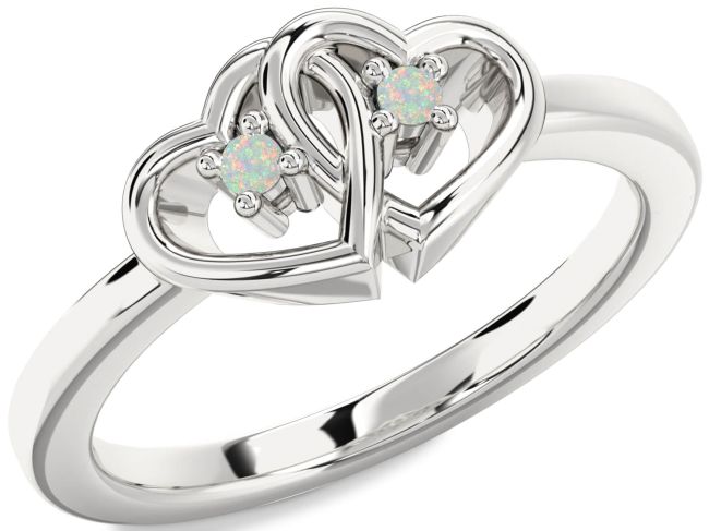 Opal Silver Heart Two Stone Birthstone Ring