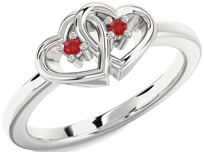 Ruby Silver Heart Two Stone Birthstone Ring