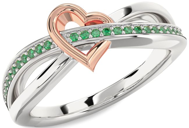 Emerald Rose Gold Silver Heart Ring