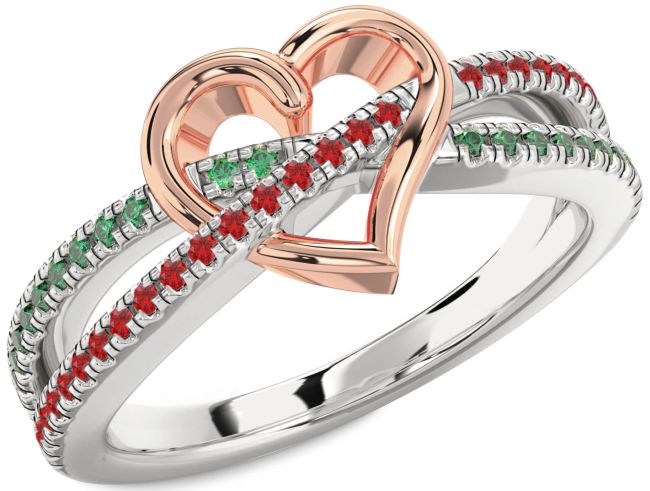 Emerald & Ruby Rose Gold Silver Heart Promise Ring