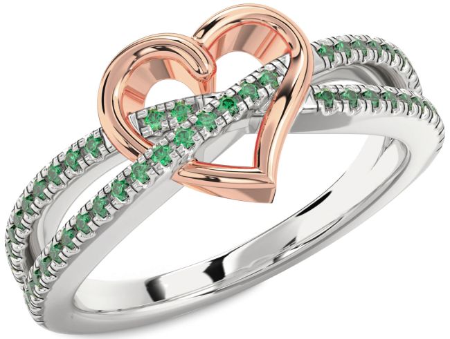 Emerald Rose Gold Silver Heart Ring