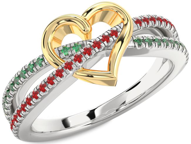 Emerald & Ruby Gold Silver Heart Promise Ring