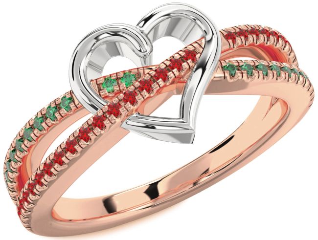 Emerald & Ruby Rose Gold Silver Heart Promise Ring