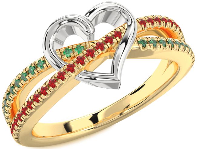 Emerald & Ruby Gold Silver Heart Promise Ring