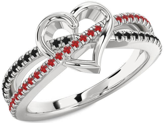 Black Diamond & Ruby Silver Heart Promise Ring