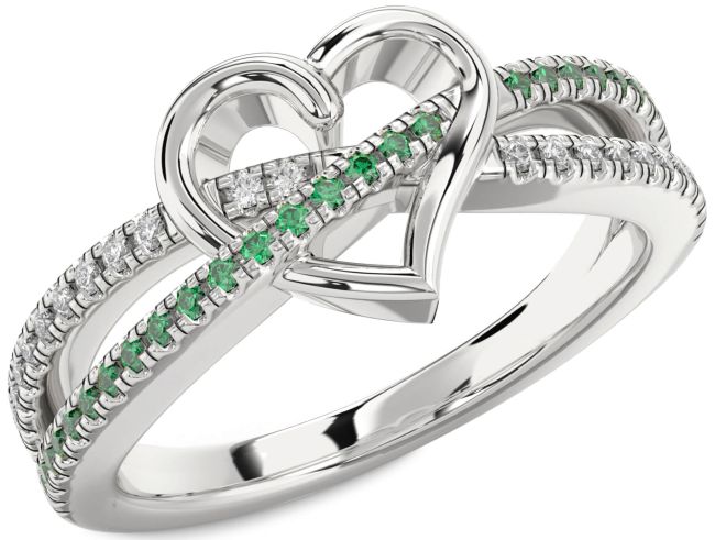 Emerald & Diamond Silver Heart Promise Ring